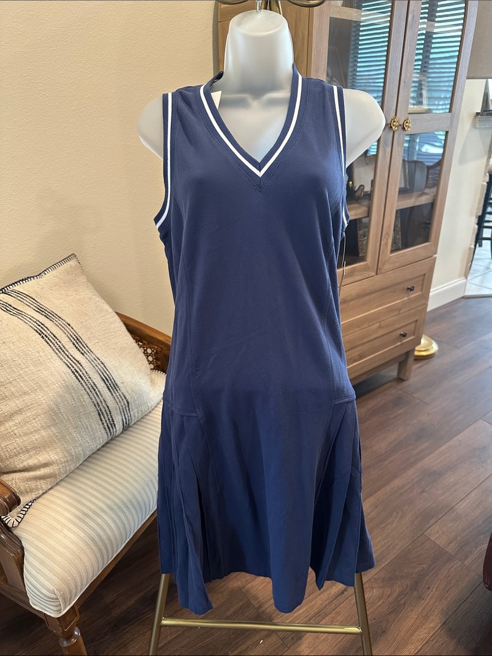 Tuckernuck pleated Navy Sleeveless V-Neck Tennis Dress with White Trim